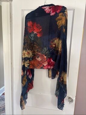 Floral Navy Sheer Scarf Wrap in Red, Pink & Gold
